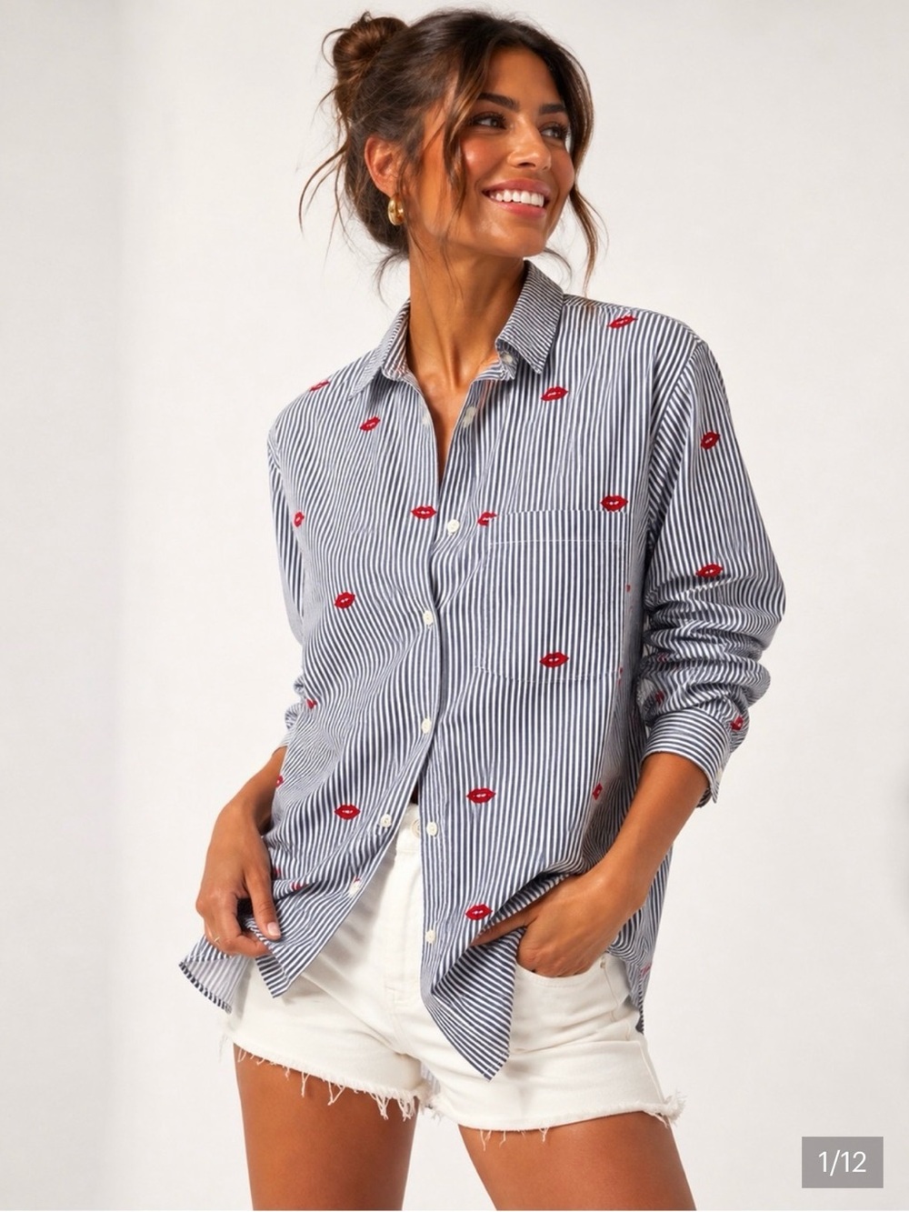 J. Crew Blue and White Striped Button-Down Shirt with Red Lip Motif